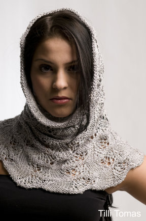 Wisps of Smoke in Tilli Tomas silk yarns worn pulled up over the head